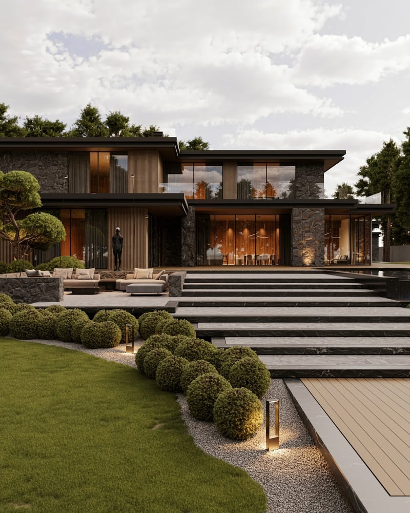 Modern luxury house with stone and wood facade, large glass windows, and landscaped garden with topiary bushes