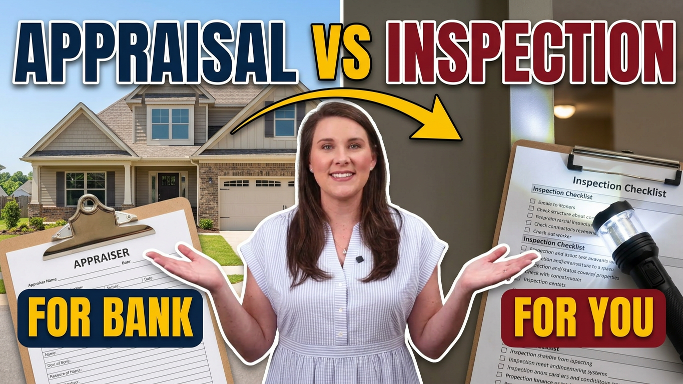 Appraisal vs. Inspection: Kelli Salter between an appraiser's and an inspector's clipboard