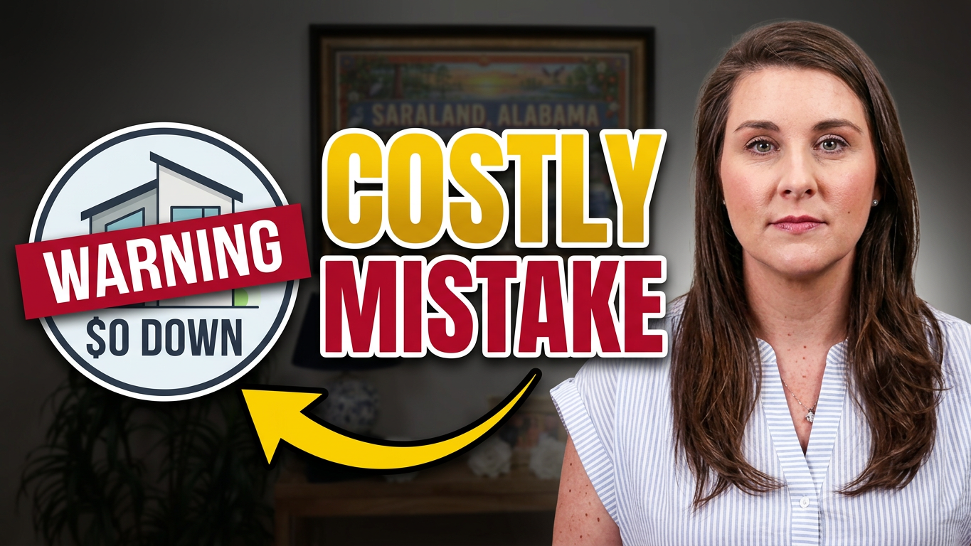 Costly Mistake: Kelli Salter beside a $0 down warning sign
