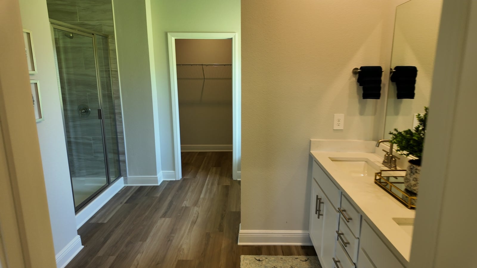 The primary bathroom in the model home