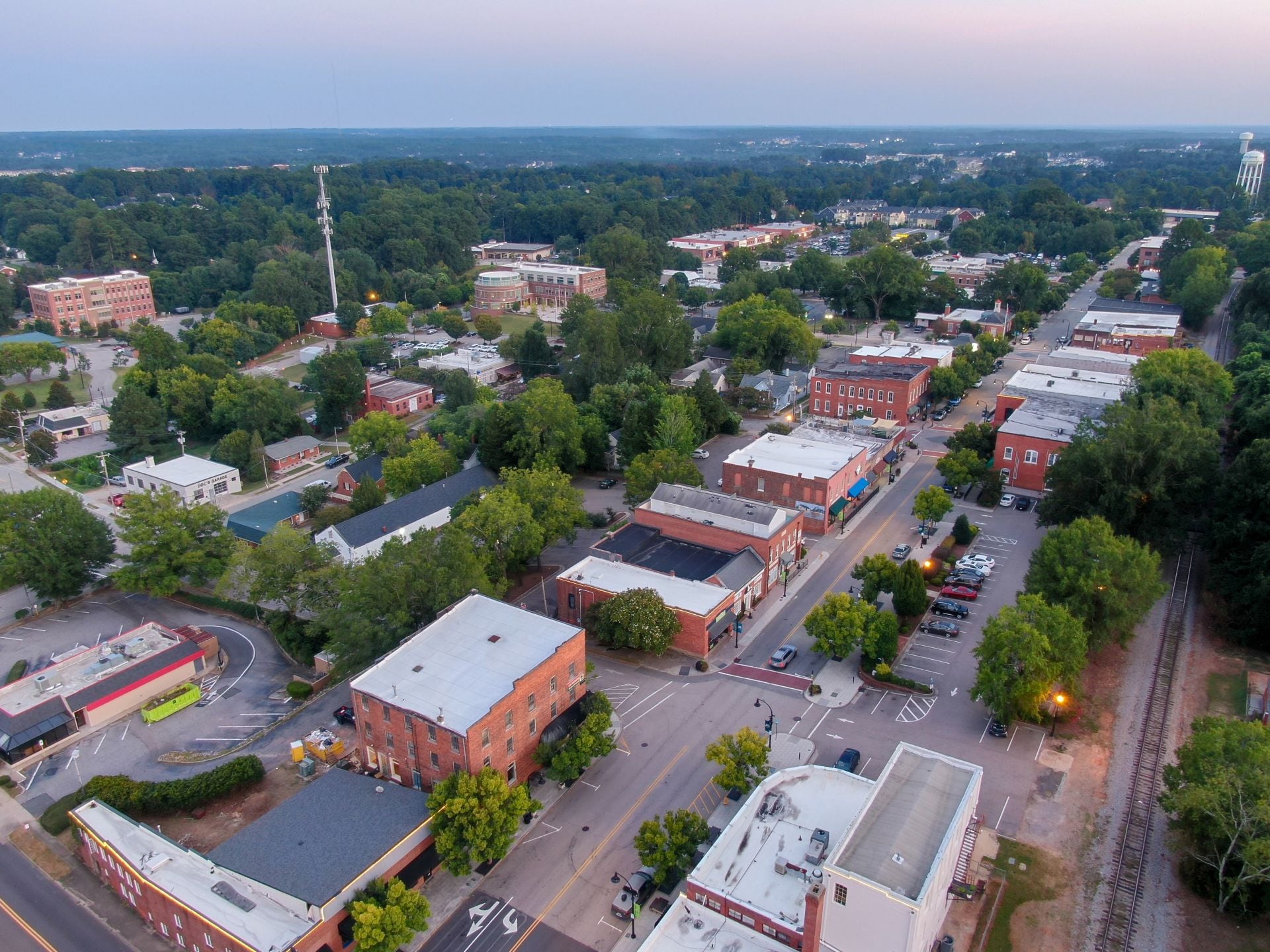 Sunset Drone Images of Downtown Wake Forest North Carolina, Featuring The Historic Downtown and The Baptist Seminary Campus.
