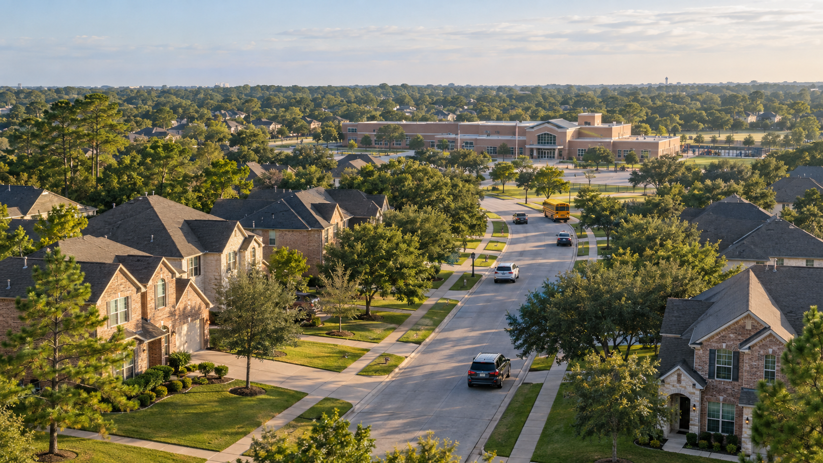 AI-generated view of a tree-lined suburban neighborhood with homes, a school bus, and a nearby school.
