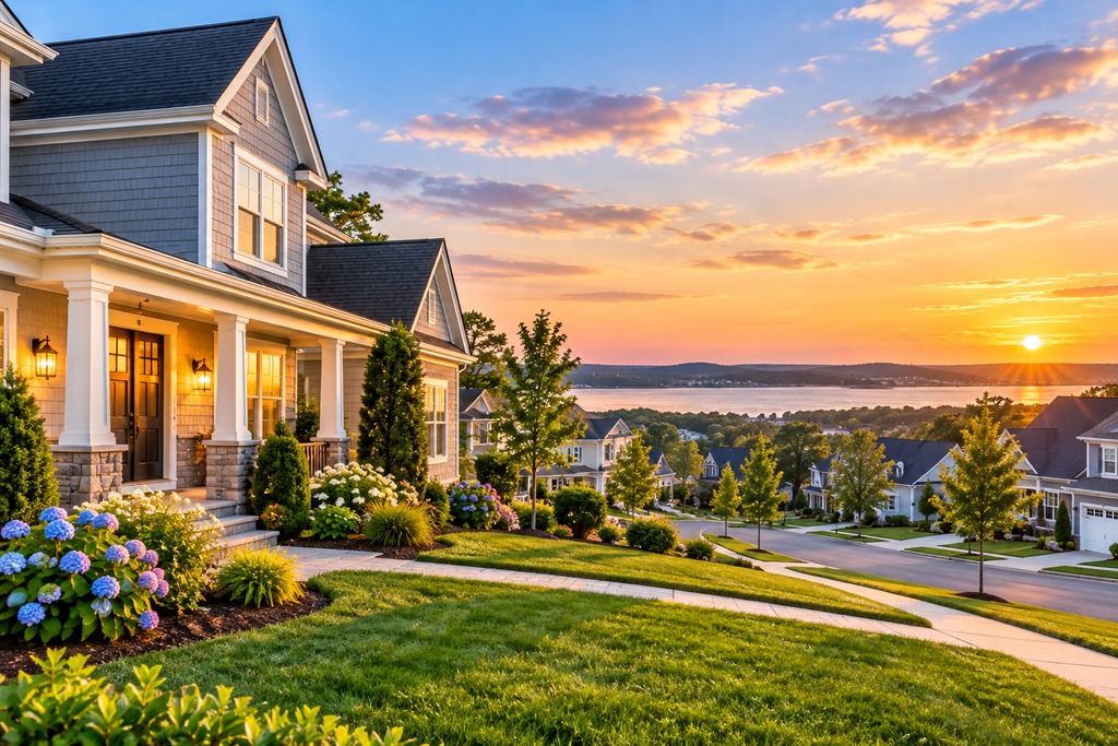 Golden-Hour Coastal Suburban Neighborhood