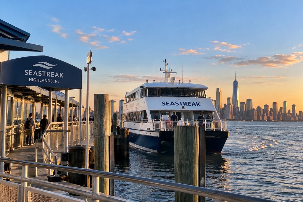 Seastreak Ferry at Sunset with Manhattan Skyline