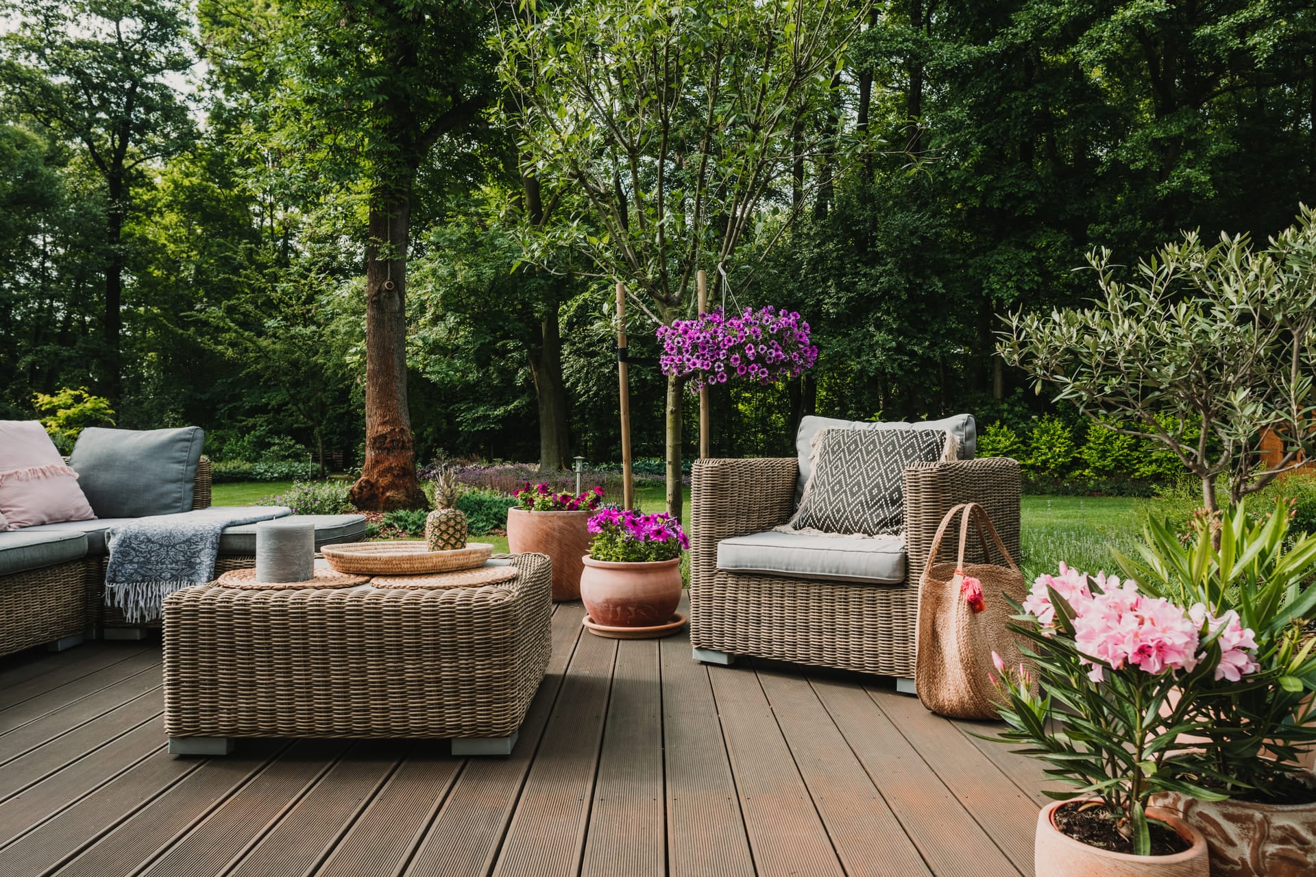 Elegant garden furniture on terrace of suburban home (1)