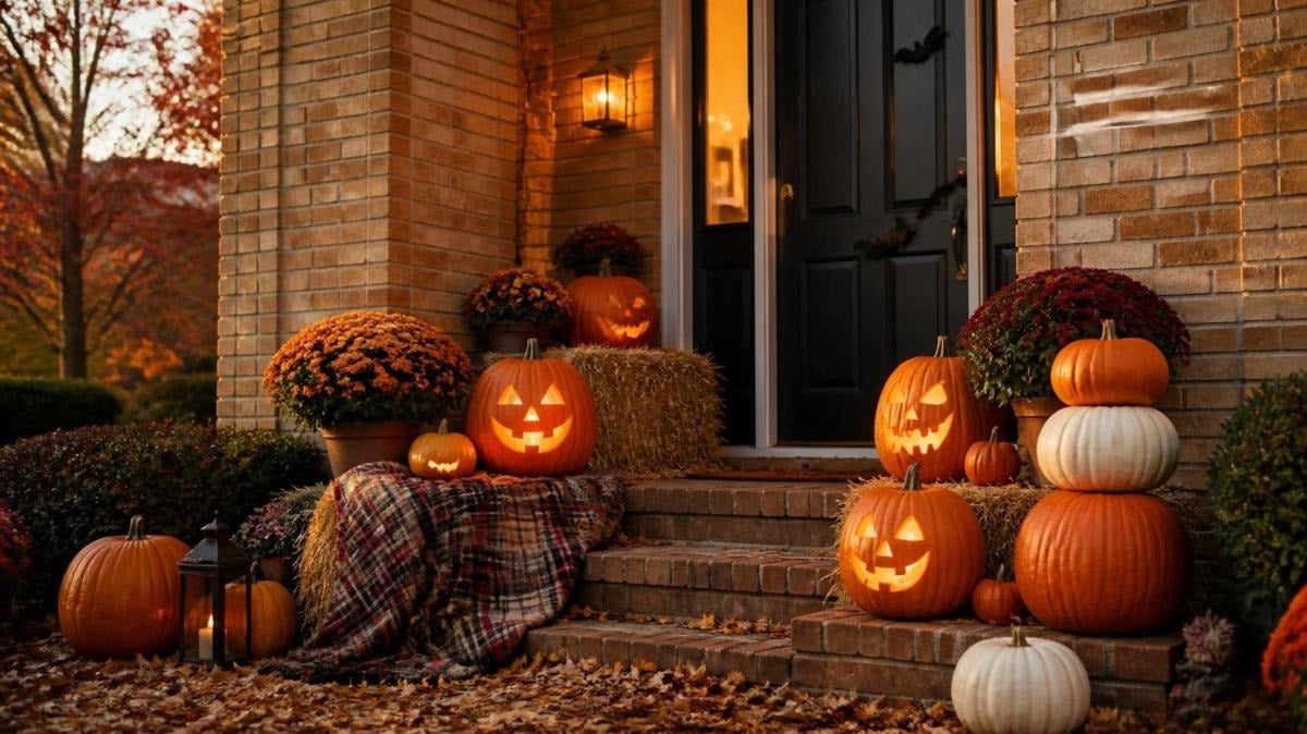 Brick front porch decorated for Halloween with glowing jack-o-lanterns, mums, hay bales, and a plaid blanket at dusk