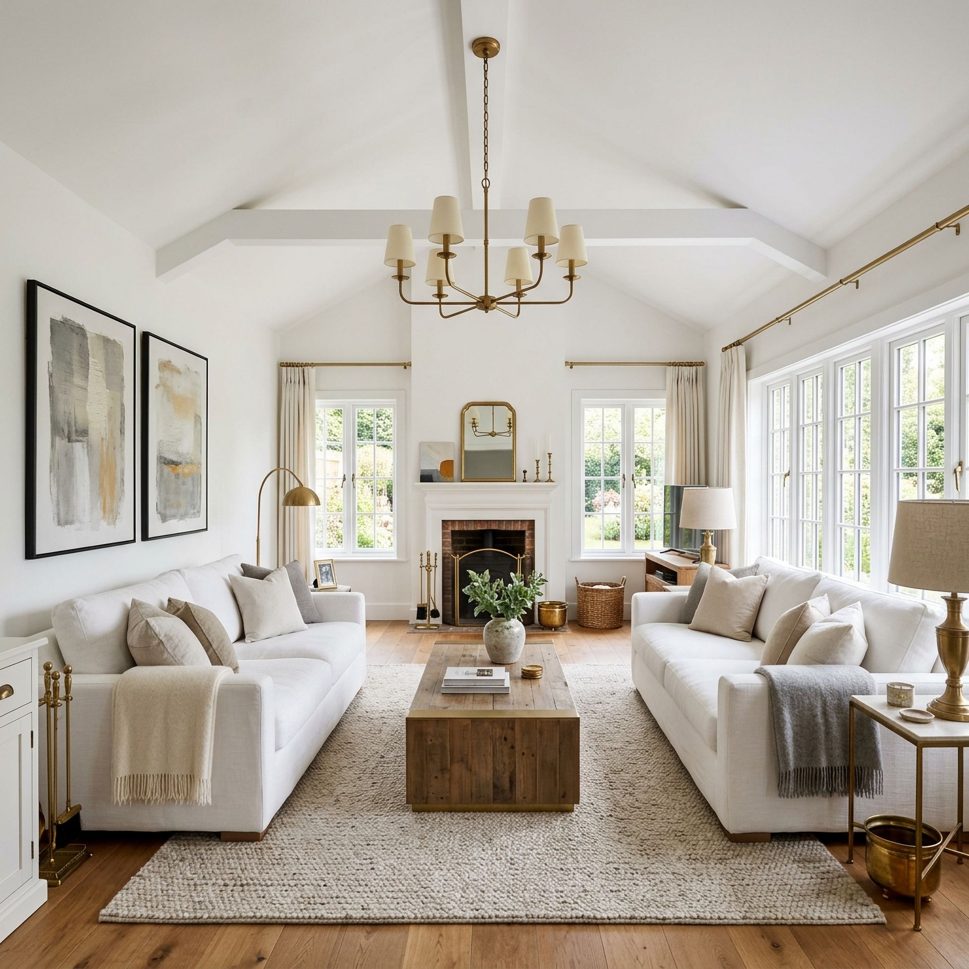 a rectangular living room interior with antique brass fixtures and details, white walls