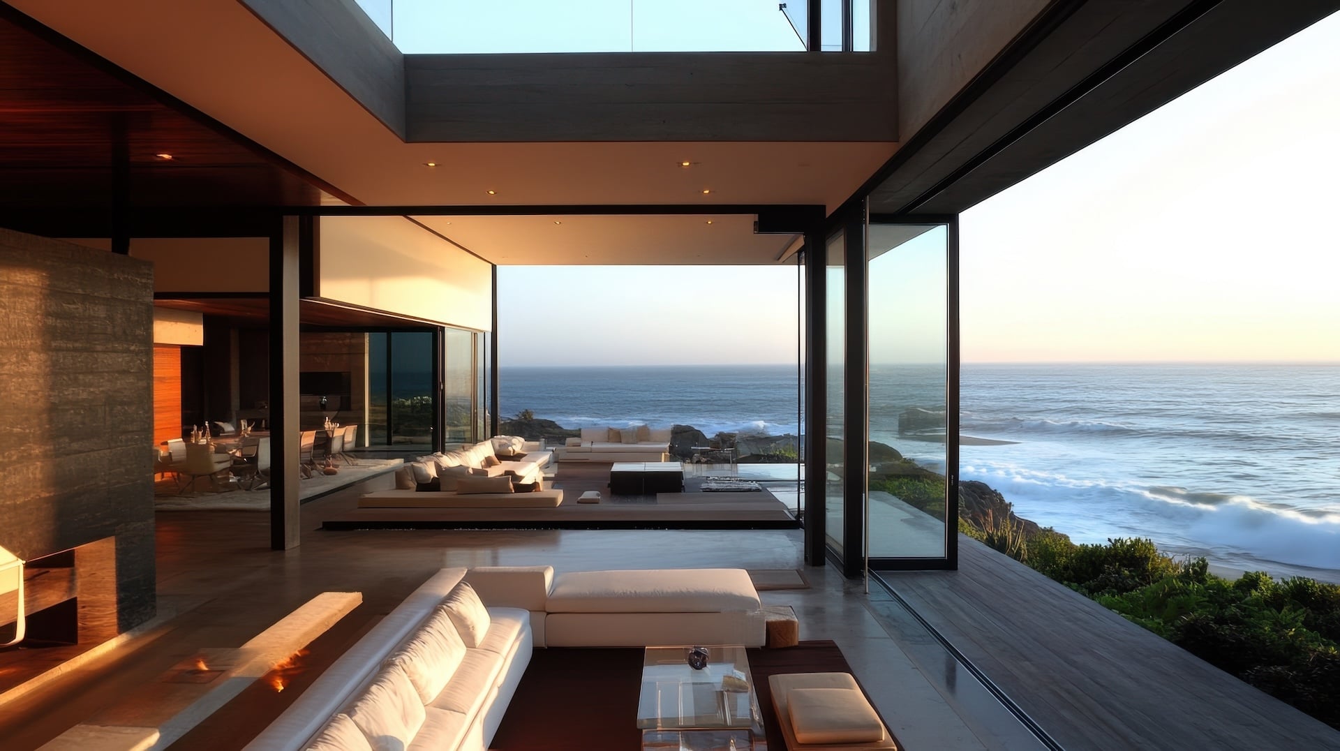 Modern living room with large windows overlooking the ocean at sunset. 3d rendering