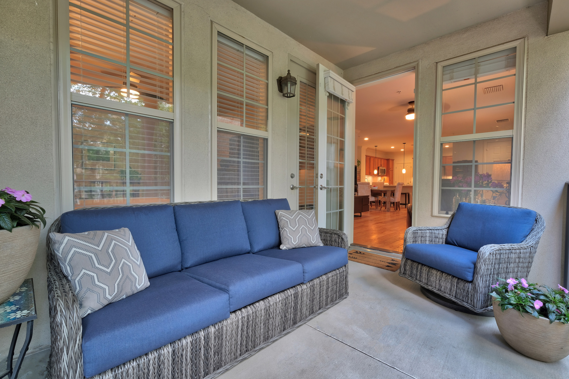 Covered porch, blue, wicker, patio furniture