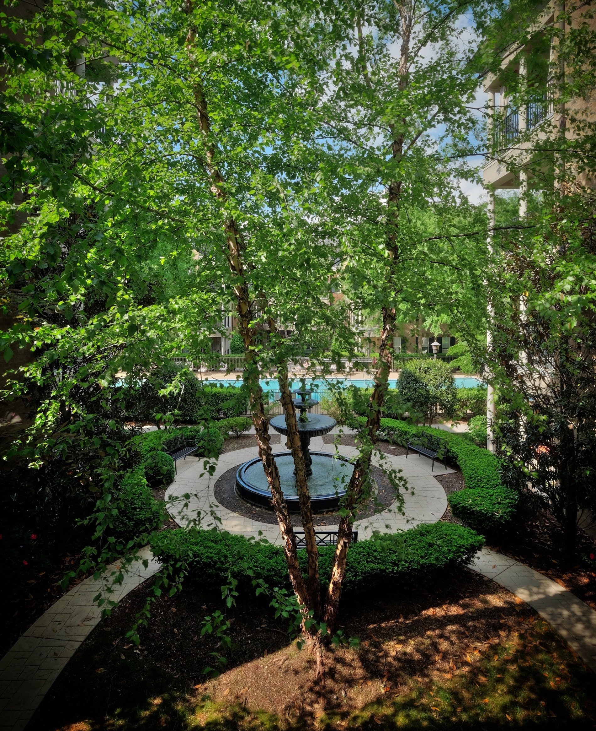 New Orleans style courtyard, lush landscaping, fountain, pool